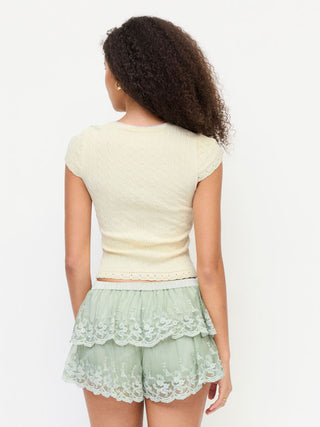 Knit Fabric Cable Knit Square Neck Short Sleeve Lace Trim Top For Daily Casual Date