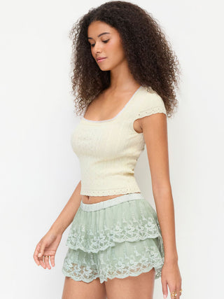 Knit Fabric Cable Knit Square Neck Short Sleeve Lace Trim Top For Daily Casual Date