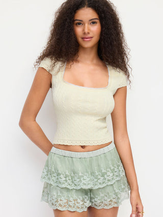 Knit Fabric Cable Knit Square Neck Short Sleeve Lace Trim Top For Daily Casual Date