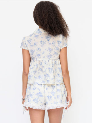 Woven Cotton-blend Floral Lace Trim Ruffle Bowknot Bloomer Micro Shorts For School Daily Casual Home