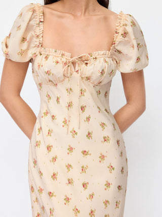 Satin Satin Floral Sweetheart Puff Sleeve Ruched Lettuce Trim Mermaid Maxi Dress For Date