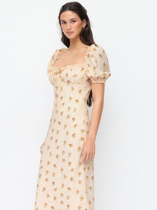 Satin Satin Floral Sweetheart Puff Sleeve Ruched Lettuce Trim Mermaid Maxi Dress For Date