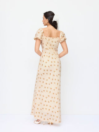 Satin Satin Floral Sweetheart Puff Sleeve Ruched Lettuce Trim Mermaid Maxi Dress For Date
