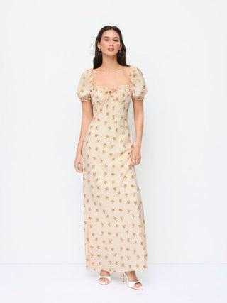 Satin Satin Floral Sweetheart Puff Sleeve Ruched Lettuce Trim Mermaid Maxi Dress For Date