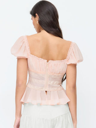 Chiffon Chiffon Sweetheart Puff Sleeve Lace Panel Ruched Peplum Blouse For Daily Casual Date