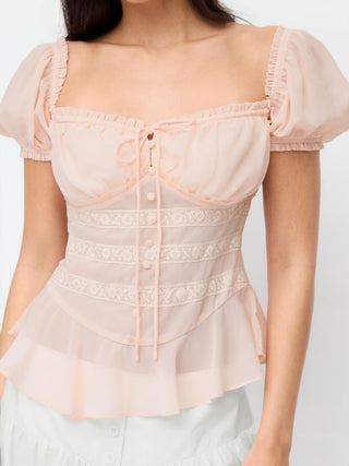 Chiffon Chiffon Sweetheart Puff Sleeve Lace Panel Ruched Peplum Blouse For Daily Casual Date