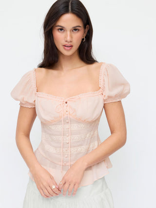 Chiffon Chiffon Sweetheart Puff Sleeve Lace Panel Ruched Peplum Blouse For Daily Casual Date