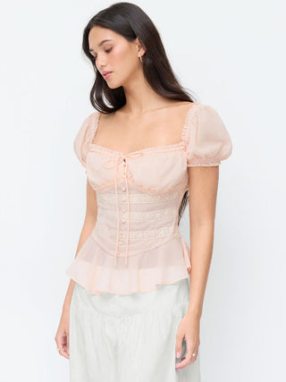 Chiffon Chiffon Sweetheart Puff Sleeve Lace Panel Ruched Peplum Blouse For Daily Casual Date