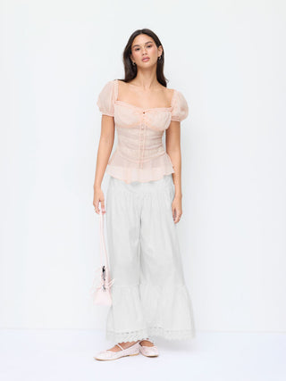 Chiffon Chiffon Sweetheart Puff Sleeve Lace Panel Ruched Peplum Blouse For Daily Casual Date