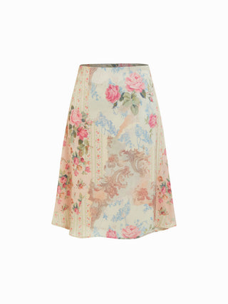Satin Satin Floral Mid Rise Flared Midi Skirt For Daily Casual Date