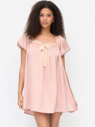 Satin Satin Square Neck Puff Sleeve Bowknot Babydoll Mini Dress For Daily Casual Date