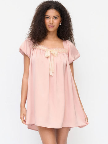 Satin Satin Square Neck Puff Sleeve Bowknot Babydoll Mini Dress For Daily Casual Date