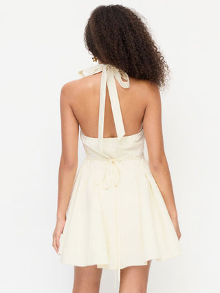 Woven Linen-blend Halter Neckline Bowknot A-line Mini Dress For Daily Casual Date