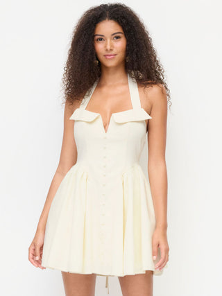 Woven Linen-blend Halter Neckline Bowknot A-line Mini Dress For Daily Casual Date