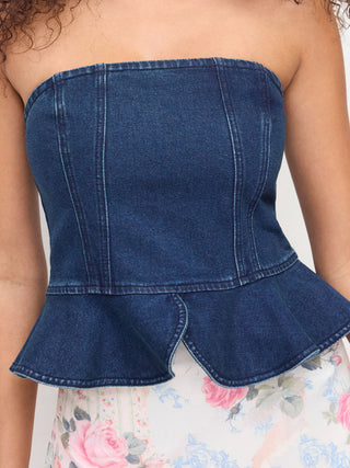 Stretch Denim Strapless Peplum Hem Bandeau Top