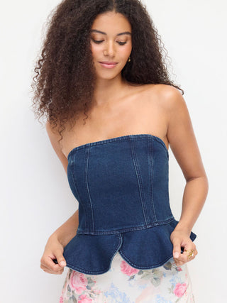 Stretch Denim Strapless Peplum Hem Bandeau Top