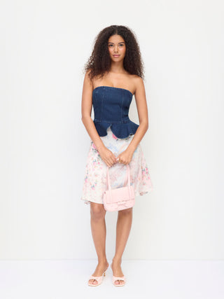Stretch Denim Strapless Peplum Hem Bandeau Top
