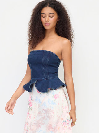 Stretch Denim Strapless Peplum Hem Bandeau Top