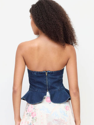 Stretch Denim Strapless Peplum Hem Bandeau Top