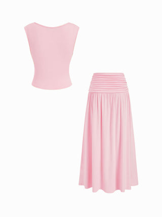V-neck Twist Ruched Top & Mid Rise Ruched Flared Maxi Skirt Set