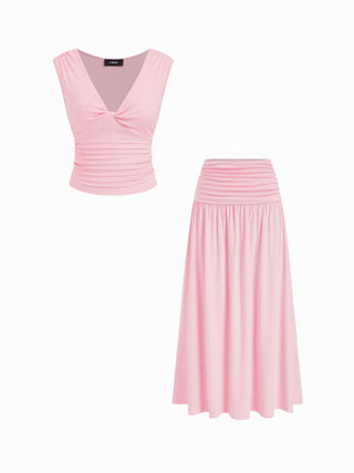 V-neck Twist Ruched Top & Mid Rise Ruched Flared Maxi Skirt Set