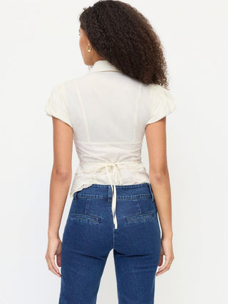Cotton-blend Broderie Anglaise Puff Sleeve Scalloped Lace Trim Blouse