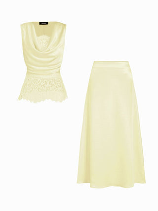 Satin Cowl Neck Lace Panel Top & Mid Rise Flared Maxi Skirt Set