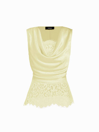 Satin Cowl Neck Lace Panel Top & Mid Rise Flared Maxi Skirt Set