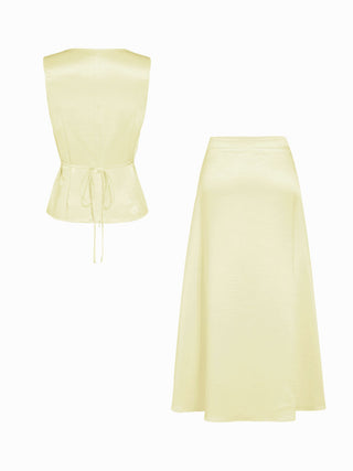 Satin Cowl Neck Lace Panel Top & Mid Rise Flared Maxi Skirt Set