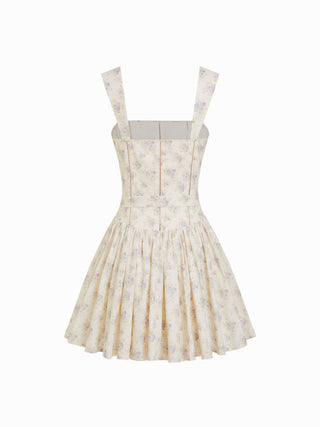 corset Cotton Cotton-blend Floral Square Neck Pleated Flared Mini Dress For Daily Casual Picnic