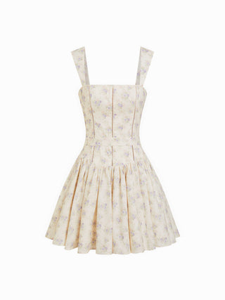 corset Cotton Cotton-blend Floral Square Neck Pleated Flared Mini Dress For Daily Casual Picnic
