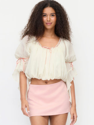 Chiffon Textured Chiffon Scoop Neck Ruffle Sleeve Ruched Bowknot Blouse For Daily Casual Date