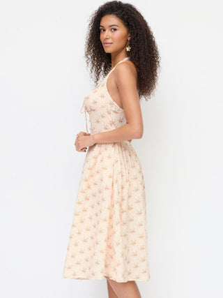 Cotton-blend Sculptural Halter Neck Ditsy Floral Shirred Milkmaid Midi Dress