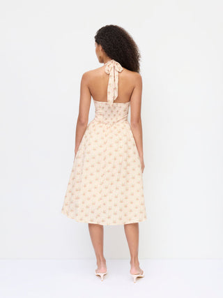 Cotton-blend Sculptural Halter Neck Ditsy Floral Shirred Milkmaid Midi Dress