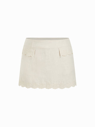 Woven Linen-blend Floral Embroidery Square Neck Top & Mid Rise Mini Skirt Set For Date Vacation