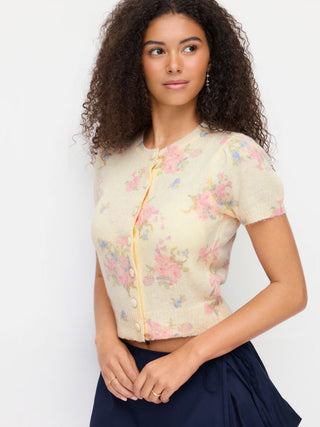 Knit Wool-blend Floral Puff Sleeve Cardigan