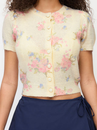 Knit Wool-blend Floral Puff Sleeve Cardigan