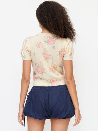 Knit Wool-blend Floral Puff Sleeve Cardigan