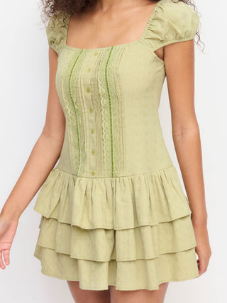 Woven Cotton-blend Square Neck Lantern Sleeve Lace Panel Tiered Mini Dress For Daily Casual Picnic