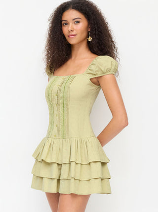 Woven Cotton-blend Square Neck Lantern Sleeve Lace Panel Tiered Mini Dress For Daily Casual Picnic