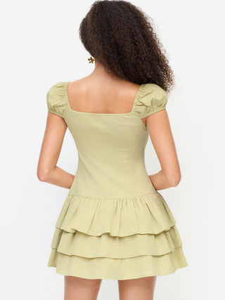 Woven Cotton-blend Square Neck Lantern Sleeve Lace Panel Tiered Mini Dress For Daily Casual Picnic