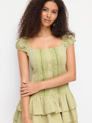 Woven Cotton-blend Square Neck Lantern Sleeve Lace Panel Tiered Mini Dress For Daily Casual Picnic