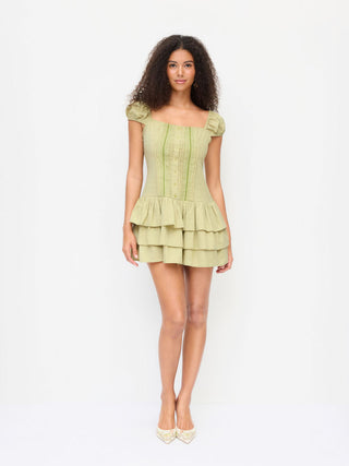 Woven Cotton-blend Square Neck Lantern Sleeve Lace Panel Tiered Mini Dress For Daily Casual Picnic