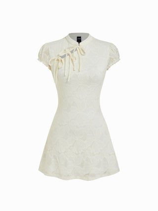 Lace Mandarin Collar Bow Tie Cutout Floral Mini Dress