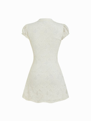 Lace Mandarin Collar Bow Tie Cutout Floral Mini Dress