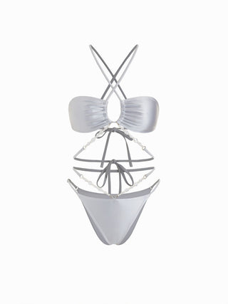 Ruched Crisscross Bikini with Pearl Chain Set