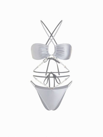 Ruched Crisscross Bikini with Pearl Chain Set