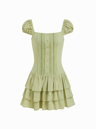 Woven Cotton-blend Square Neck Lantern Sleeve Lace Panel Tiered Mini Dress For Daily Casual Picnic