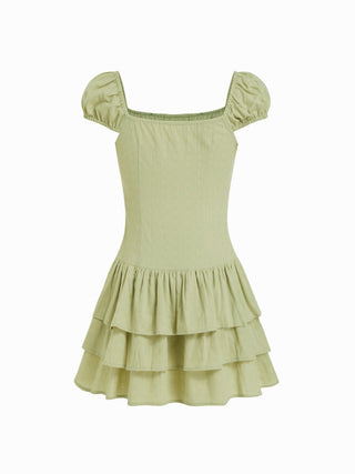 Woven Cotton-blend Square Neck Lantern Sleeve Lace Panel Tiered Mini Dress For Daily Casual Picnic