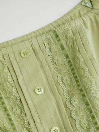 Woven Cotton-blend Square Neck Lantern Sleeve Lace Panel Tiered Mini Dress For Daily Casual Picnic